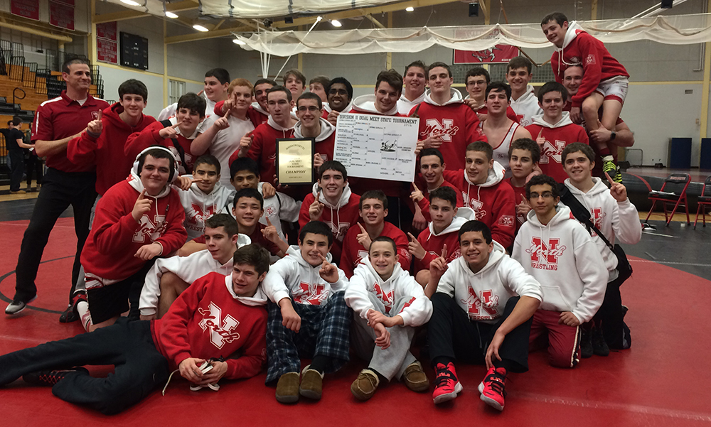 North Attleboro wrestling celebrates after winning the MIWCA D2 Dual Tournament. (Courtesy Photo)