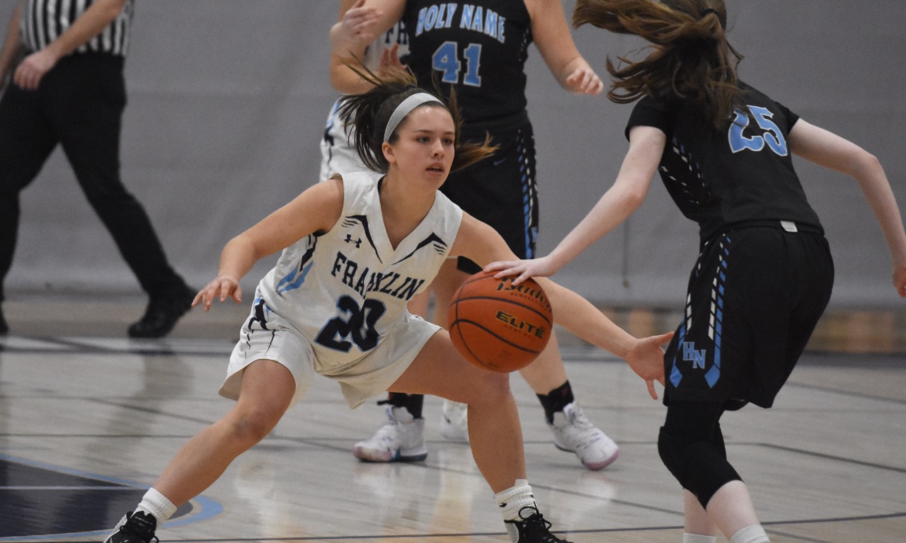 Franklin sophomore Erin Quaile (20) helped lock down the Holy Name guards to earn a non-league win against a potential playoff opponent. (Josh Perry/HockomockSports.com)