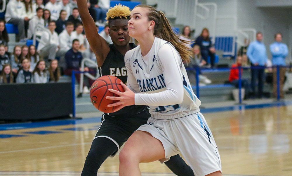 Franklin’s Megan O’Connell drives to the basket against Springfield Central in the D1 State Semifinal. (Ryan Lanigan/HockomockSports.com)