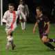 North Attleboro boys soccer North Attleboro's Zach Goulart (2) looks to get past Sharon's Prithvi Siva (12) during Tuesday's game.